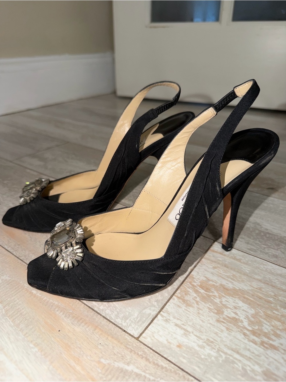 Jimmy Choo Black Satin Slingback Heels with Crystal Brooch - Picture 2 of 5